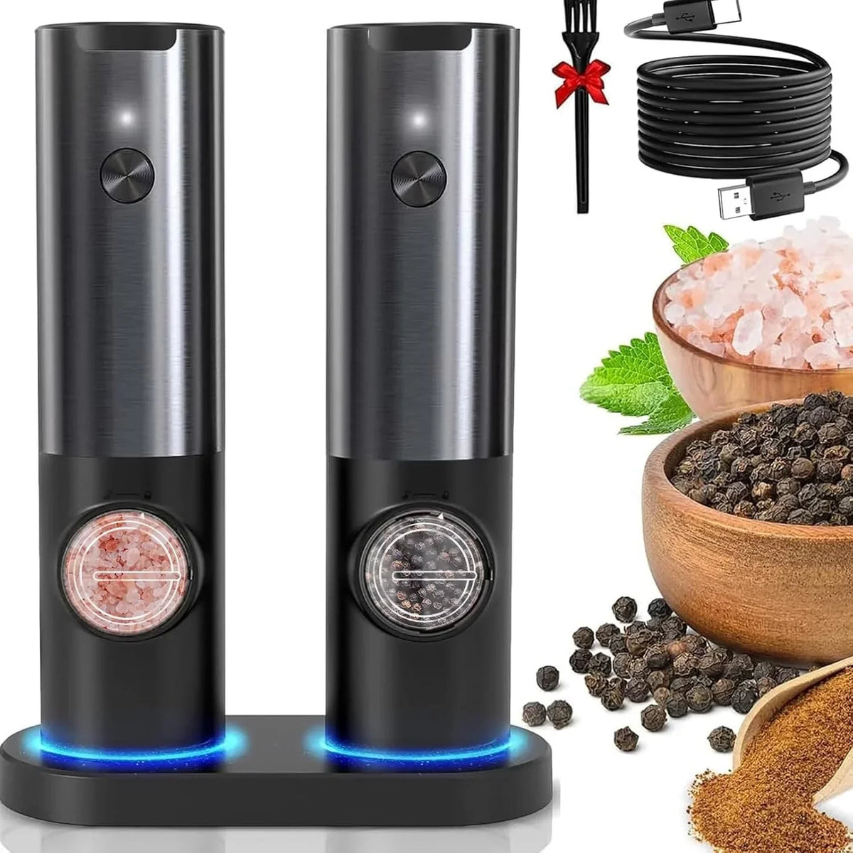 Moulin à Poivre et à Sel Électrique Rechargeable - Noir Élégant en Acier Inoxydable