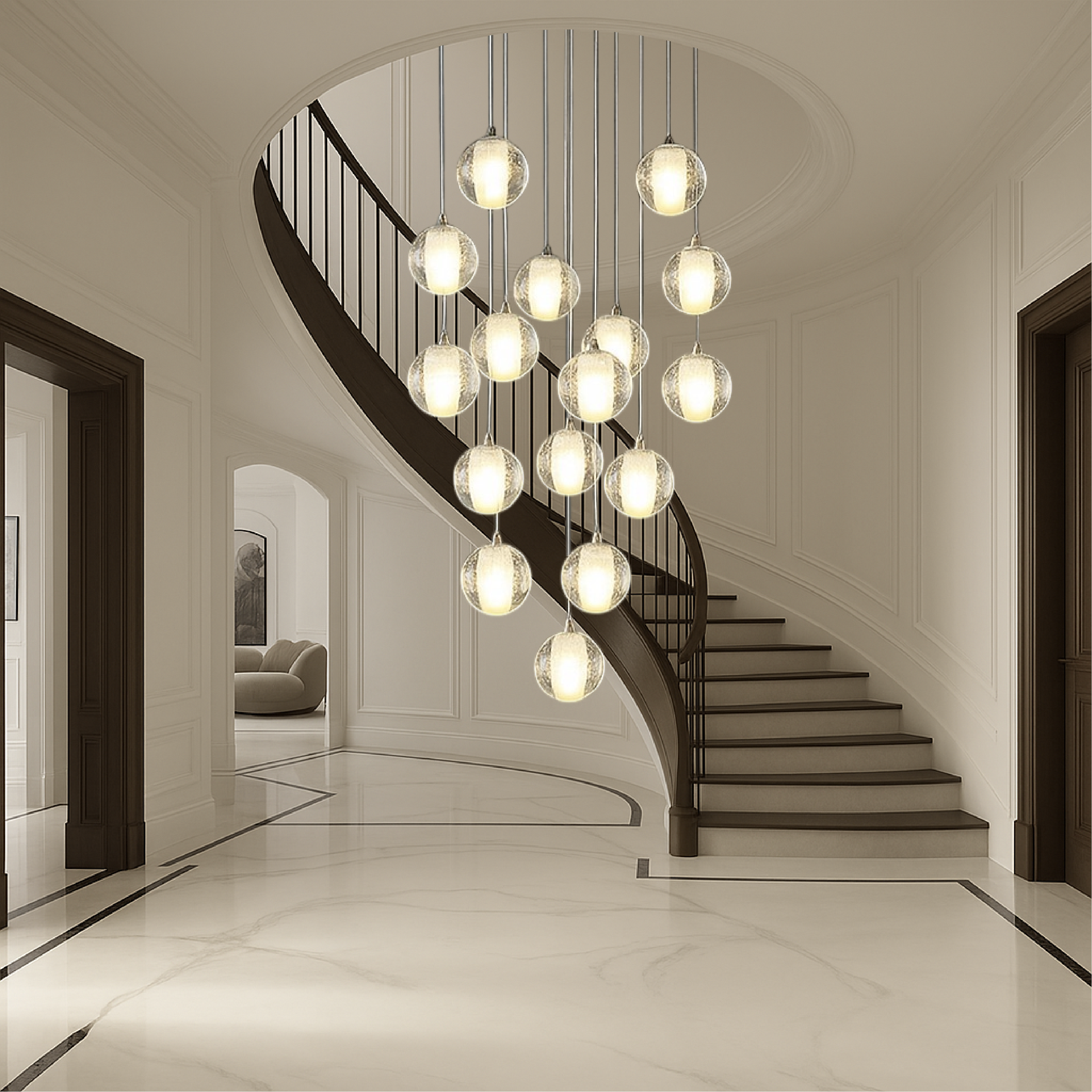 Lampadario per scale con sfere di cristallo