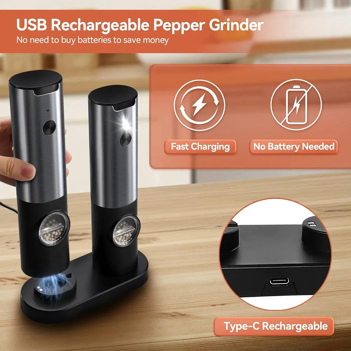 Moulin à Poivre et à Sel Électrique Pratique avec Batterie Rechargeable trave