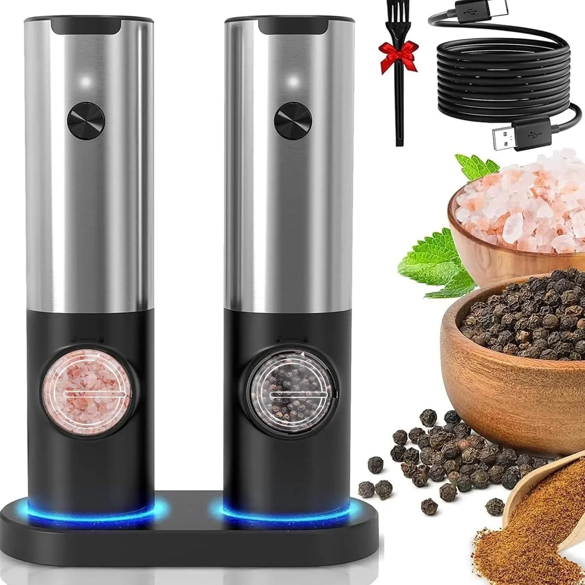 Moulin à Poivre et à Sel Électrique Rechargeable - Argent Brillant en Acier Inoxydable