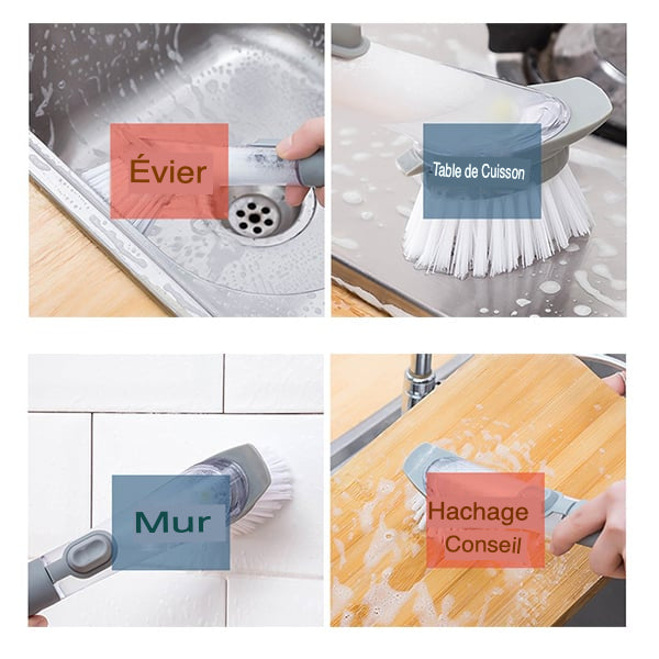 Brosse pour évier de cuisine Brosse à vaisselle Outil - Distributeur de savon intégré pour une utilisation pratique