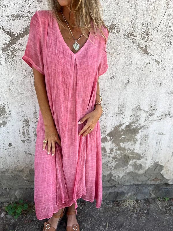Robe midi Elva à col V en Rose | Confort luxueux et élégance intemporelle tra