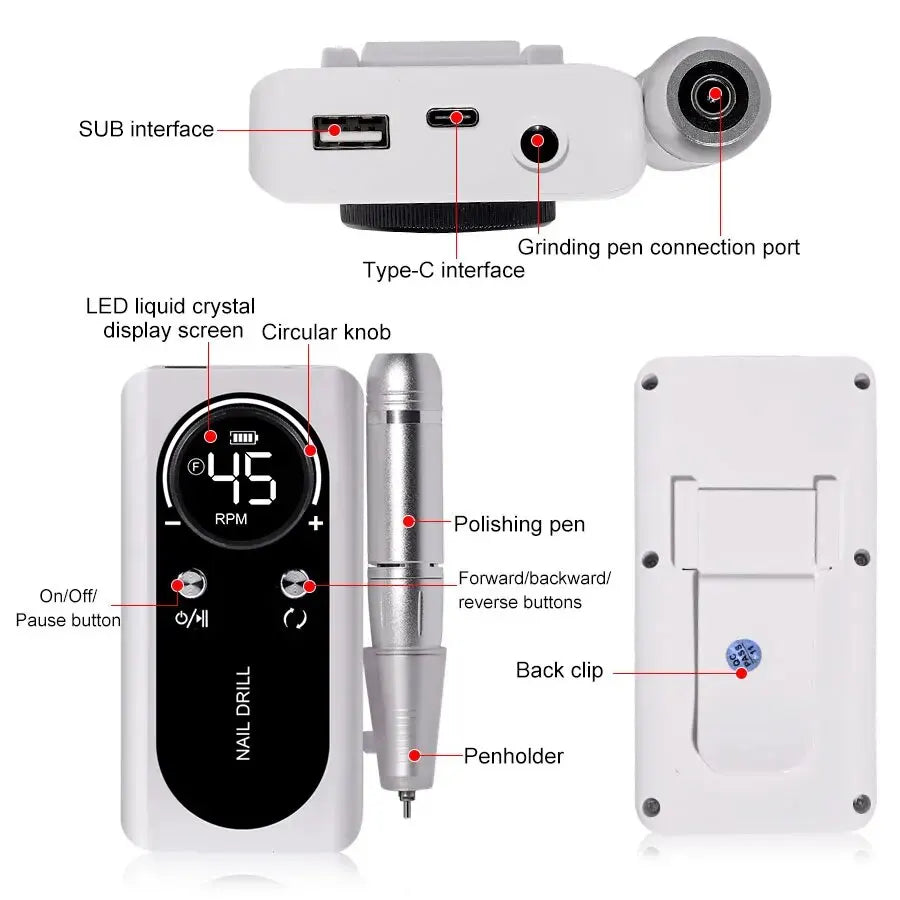 Ponceuse Ongles Rechargeable 45000RPM - Silencieuse et puissante travel bottl