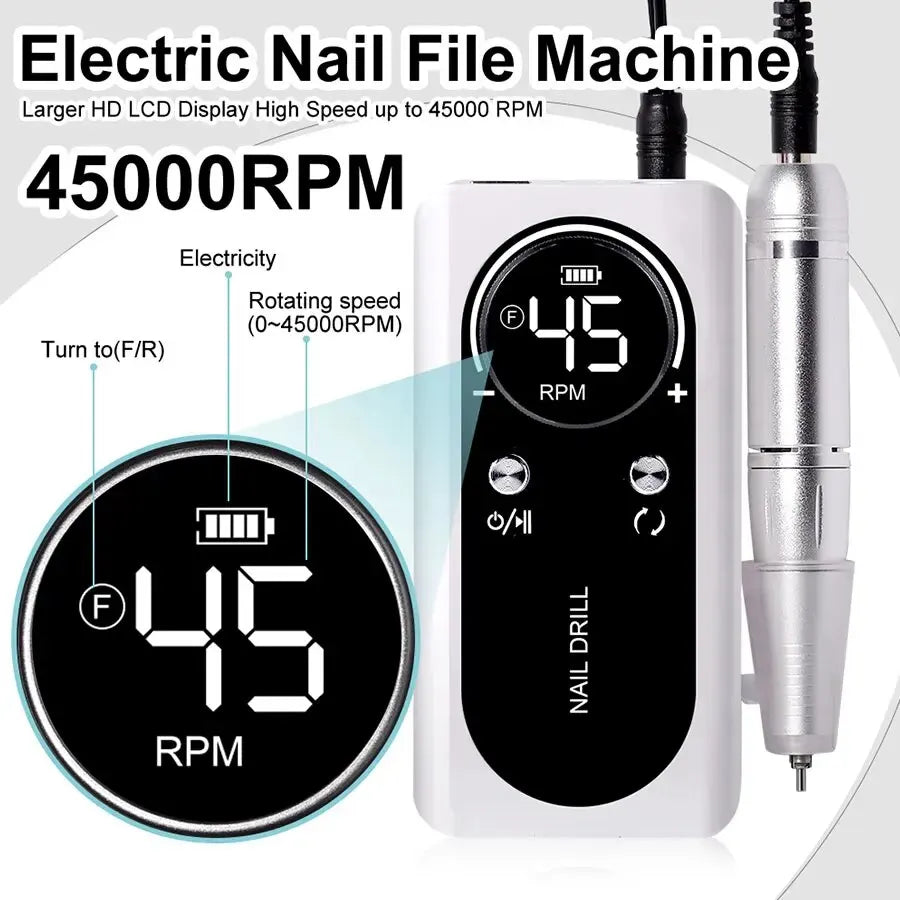 Ponceuse Ongles Rechargeable 45000RPM avec écran LCD intelligent travel bottl