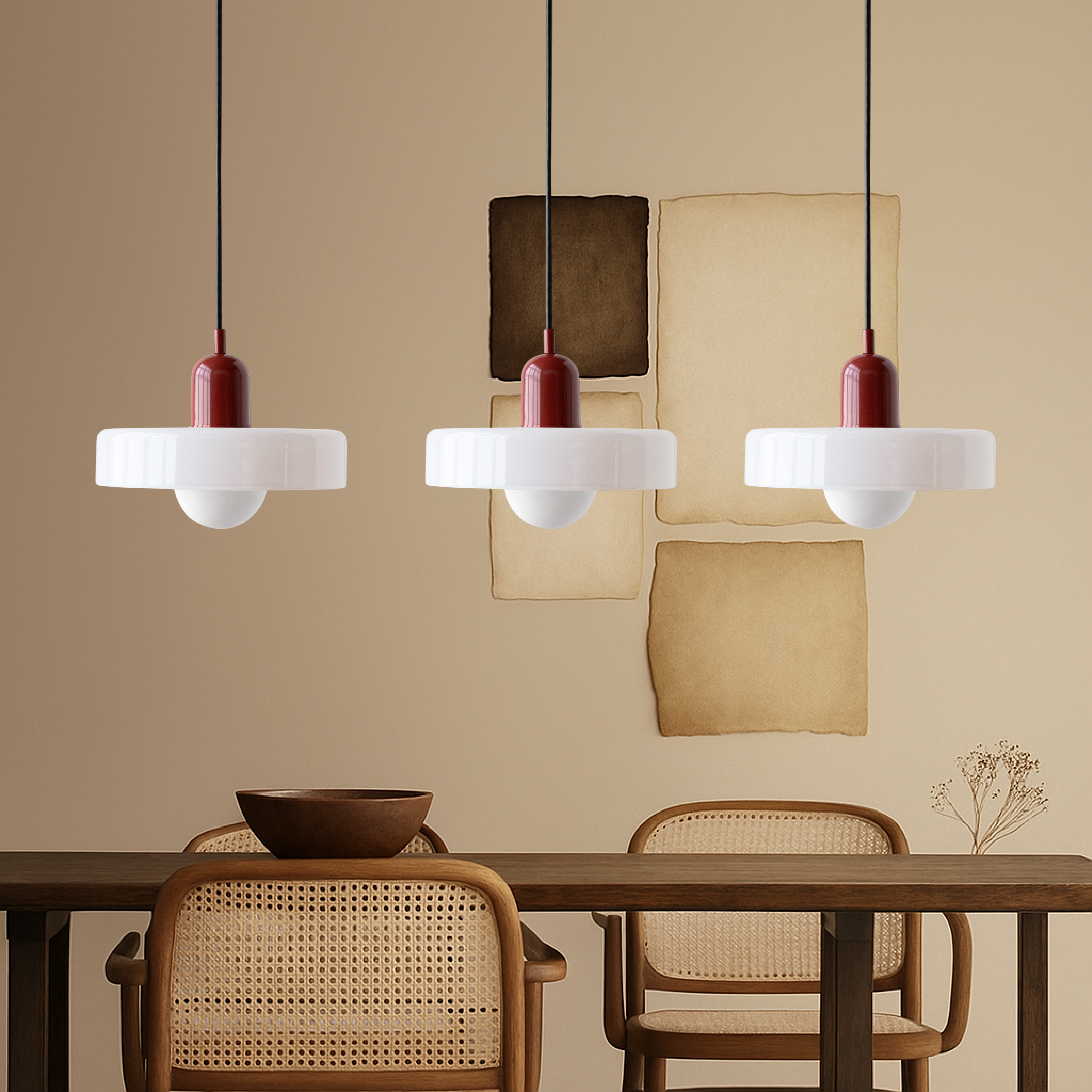 Lampada a sospensione Bauhaus a 3 teste in vetro colorato