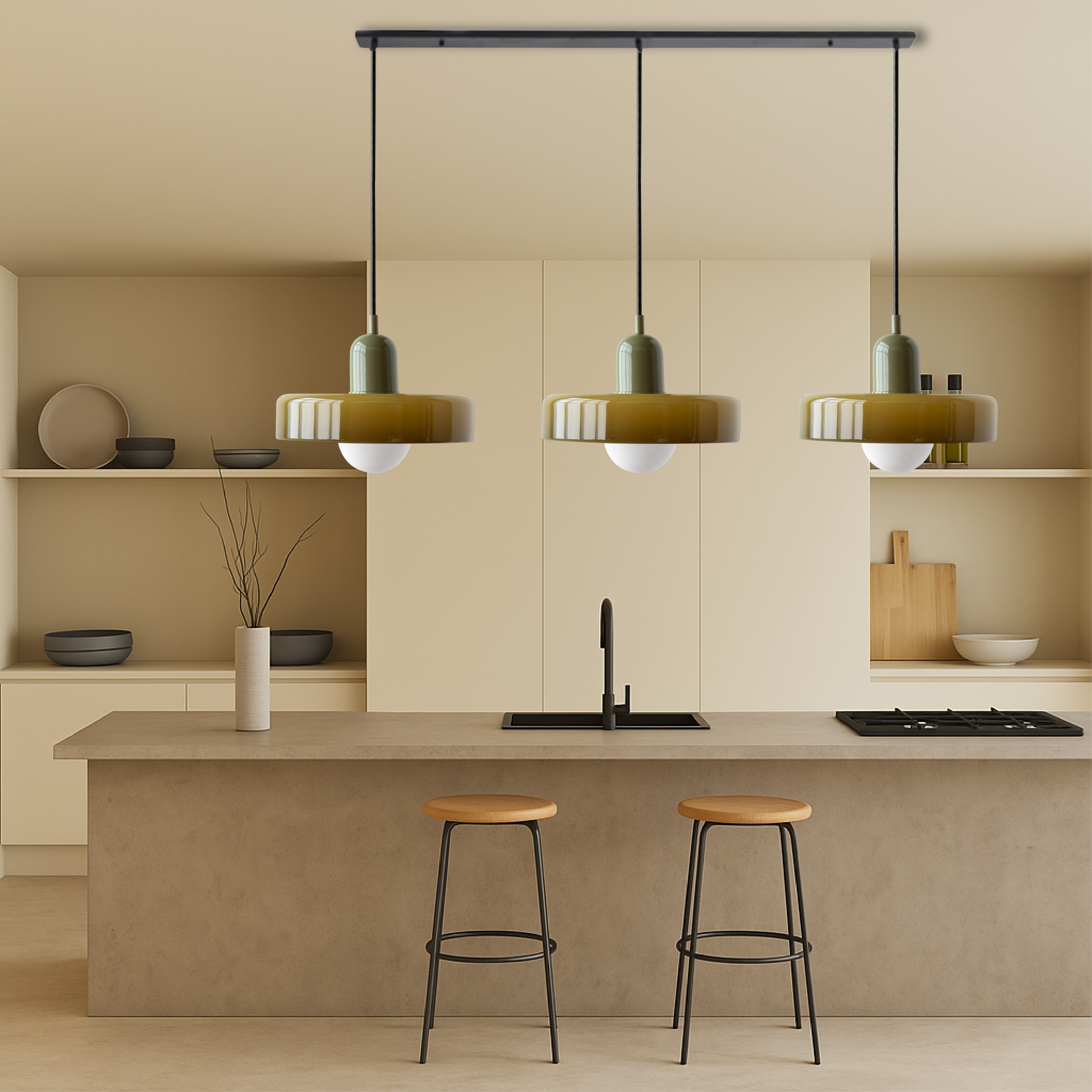 Lampada a sospensione Bauhaus a 3 teste in vetro colorato