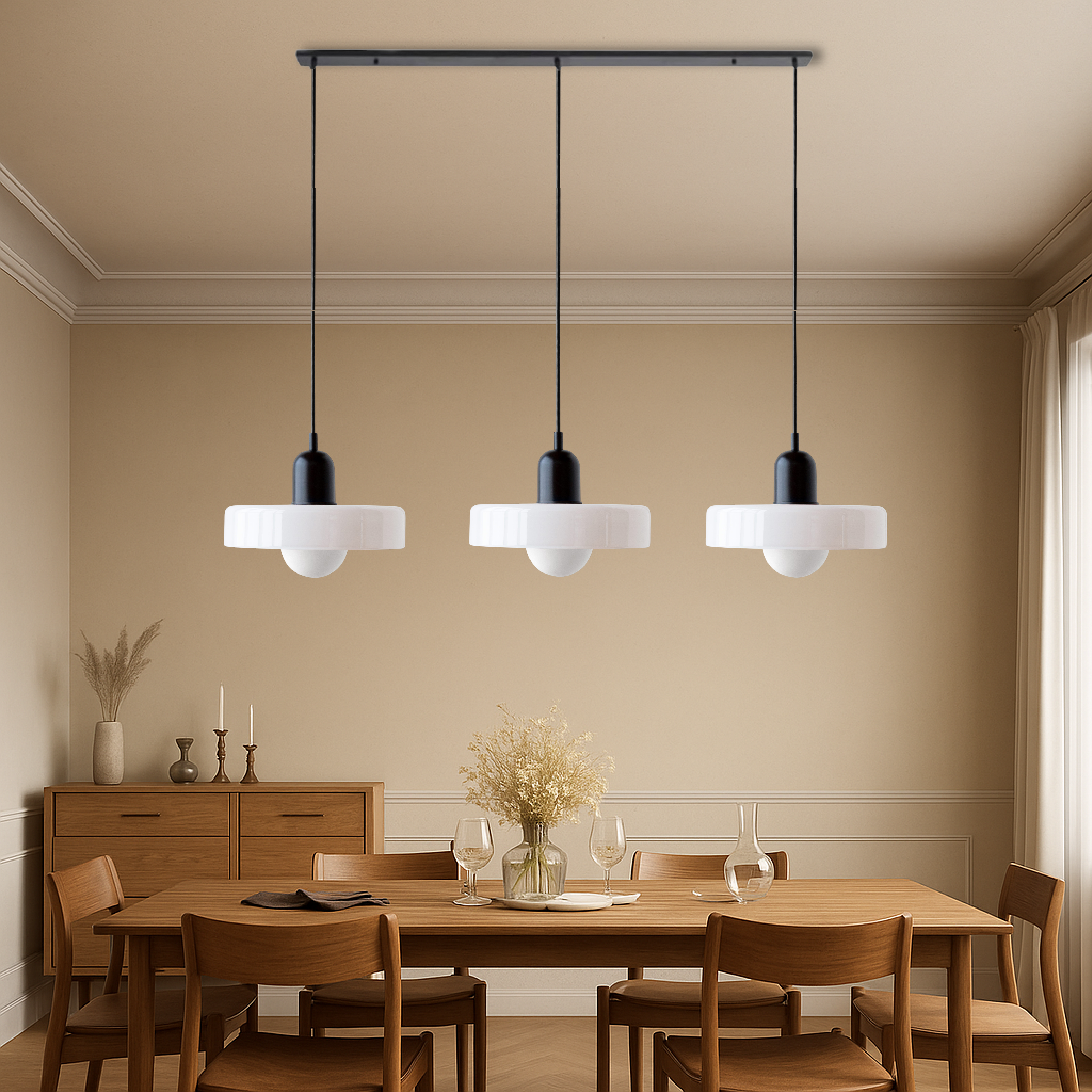 Lampada a sospensione Bauhaus a 3 teste in vetro colorato